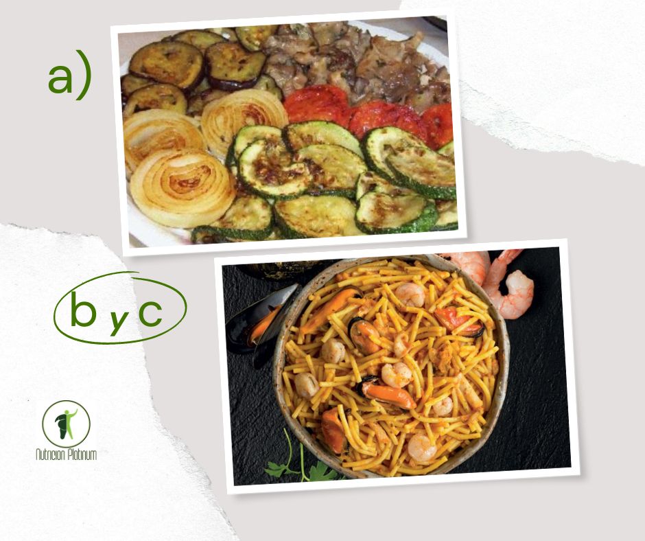 Parrillada de verduras con fideos gordos con pescado y marisco